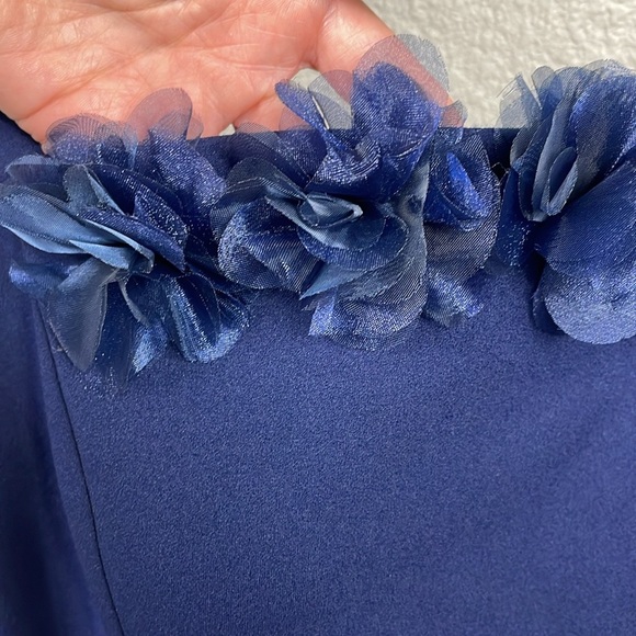 New Alex Evenings Flower Neckline Maxi Dress Square Neck Navy Blue Sz 14 - Picture 4 of 13